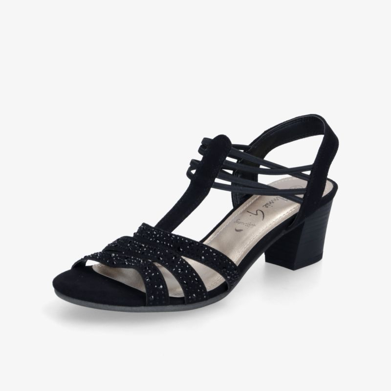 Schwarze Sandalette mit mittelhohem Absatz und verstellbarem Riemen, offen Zehenbereich, elegant und bequem