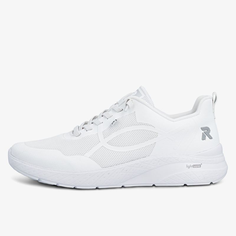 Leichter weißer Sneaker mit atmungsaktivem Material und flexibler, bequemer Sohle seitliche Ansicht