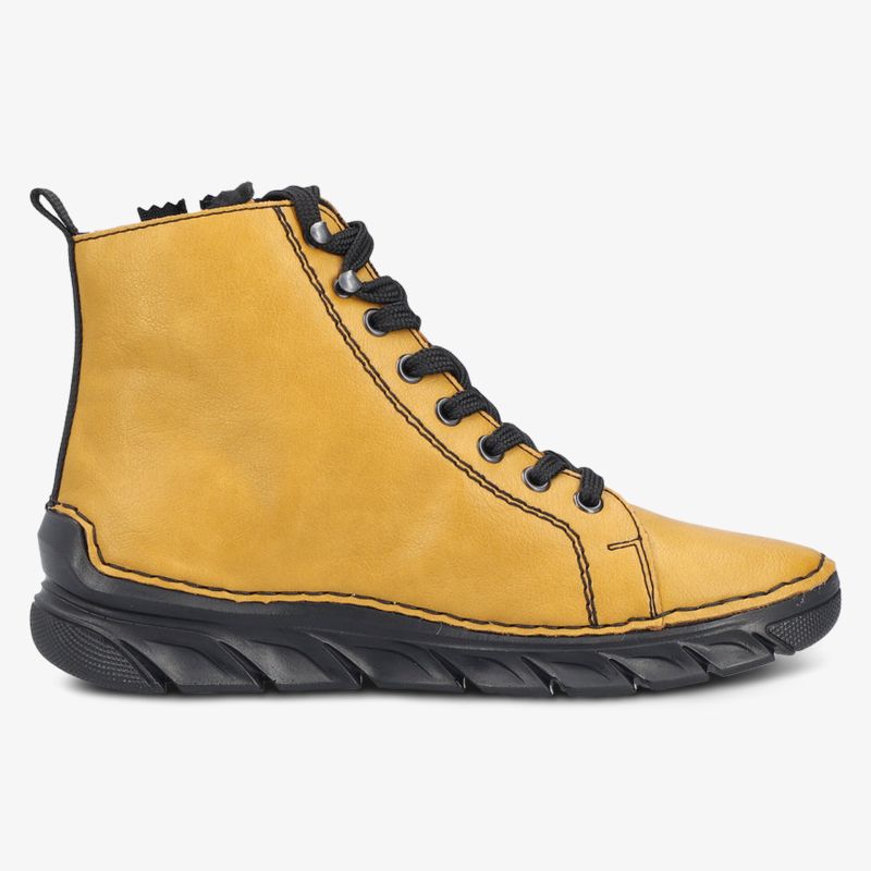 Gelbe hohe Schnürstiefelette mit rutschfester Sohle und robuster, komfortabler Passform seitlich dargestellt