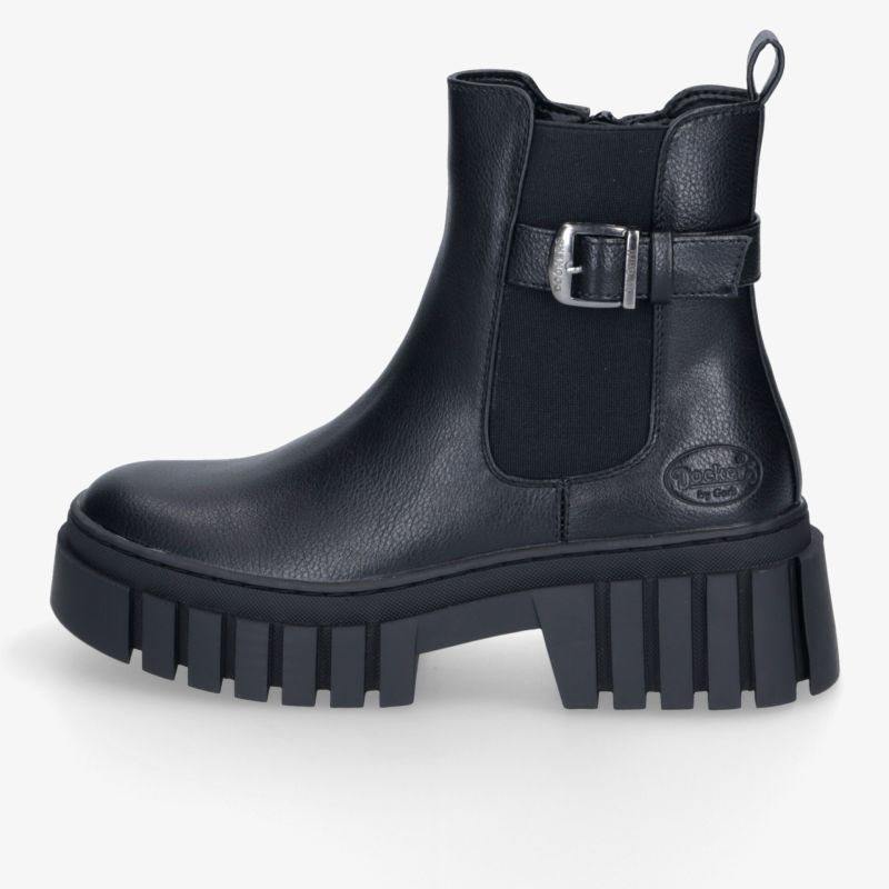 Robuster schwarzer Stiefel mit markanter profilsohle und praktischem seitlichen Reißverschluss in klarer Seitenansicht