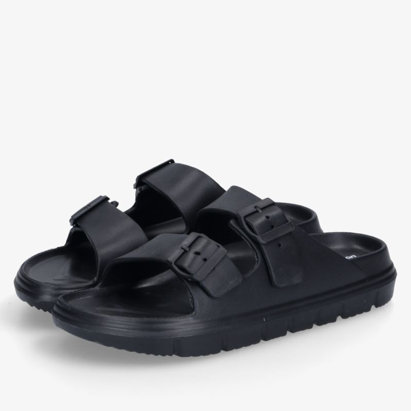 Schwarze Sandale mit verstellbaren Riemen und rutschfester Komfortsohle, ideal für bequemen Alltag