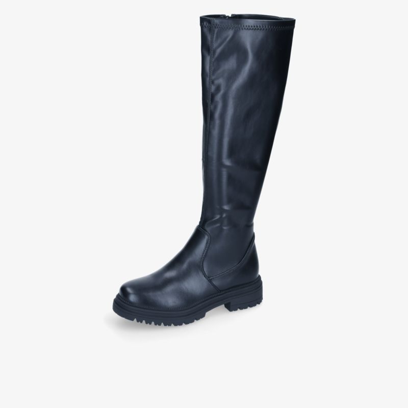 Schwarzer kniehoher Stiefel aus glattem Leder mit robustem Absatz und rutschfester Sohle, elegante und strapazierfähige Verarbeitung