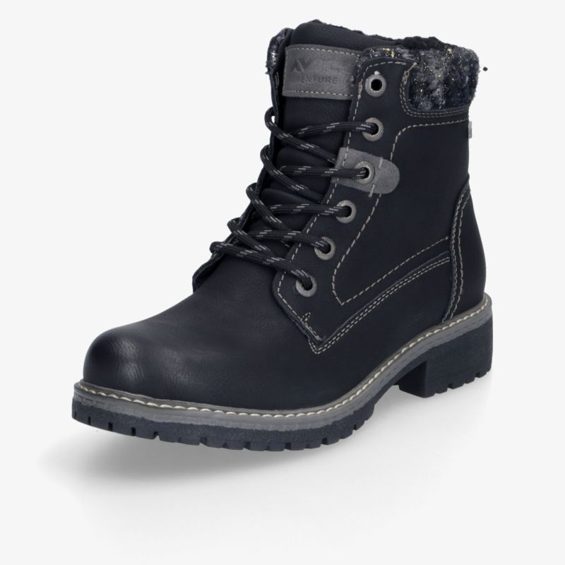 Schwarzer Schnürstiefel mit robustem Profil, gepolstertem Schaft, seitlichen Ziernähten und stabilem Blockabsatz