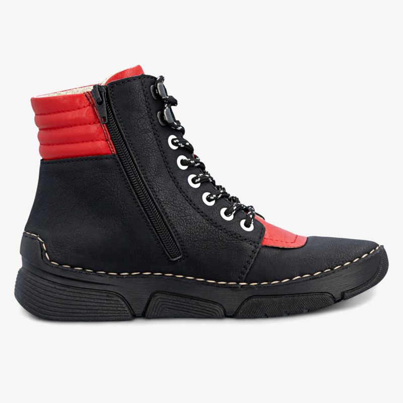 Schwarzer Schnürstiefel mit rotem gepolstertem Schaft und seitlichem Reißverschluss, komfortabel und modisch