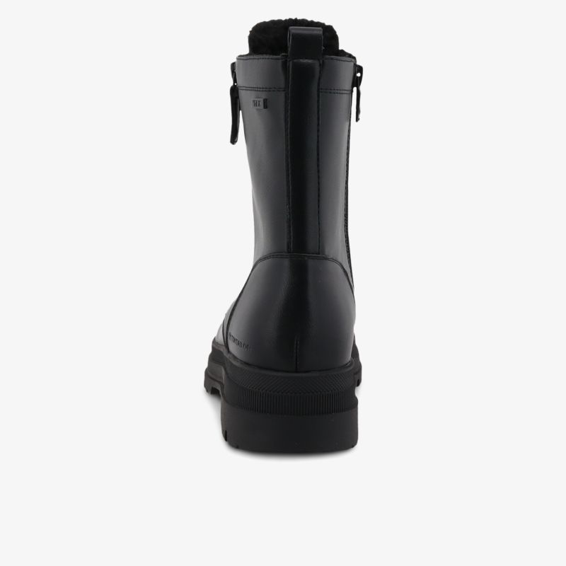 Schwarzer robuster Stiefel mit rückseitigem Reißverschluss und profilierter Sohle, Rückansicht