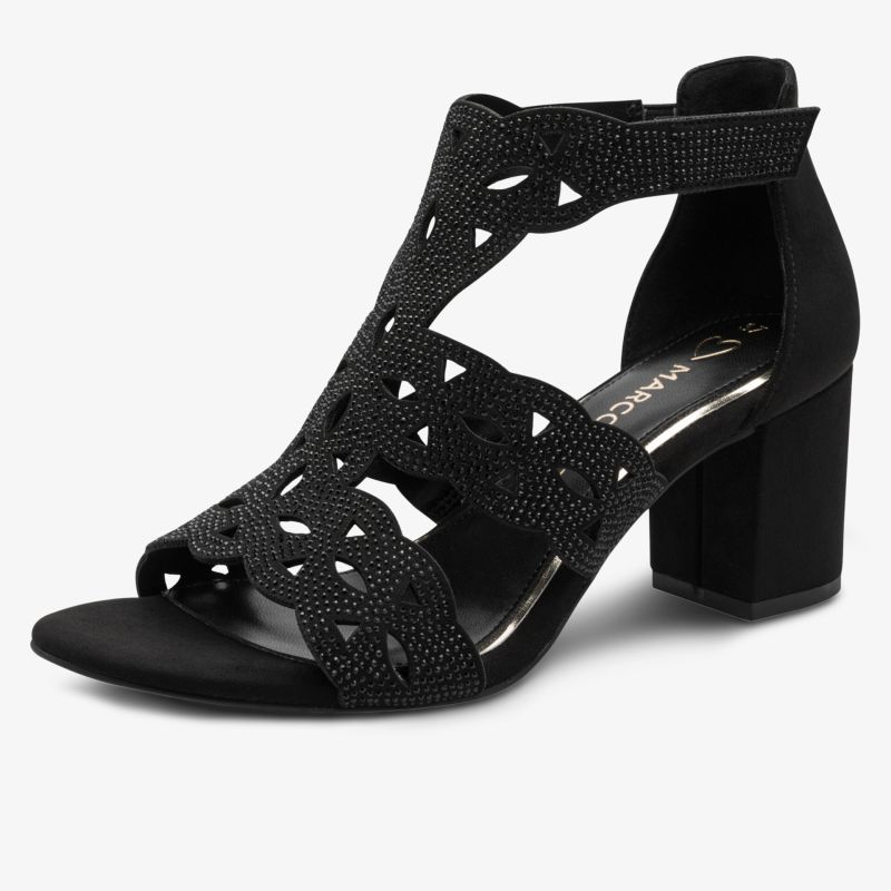 Eleganter schwarzer Absatzschuh mit komfortablem Blockabsatz und dekorativem Riemchendesign