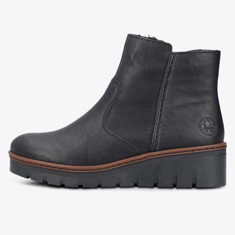 Schwarzer Stiefel aus Leder mit Reißverschluss und rutschfester robuster Sohle, seitliche Ansicht