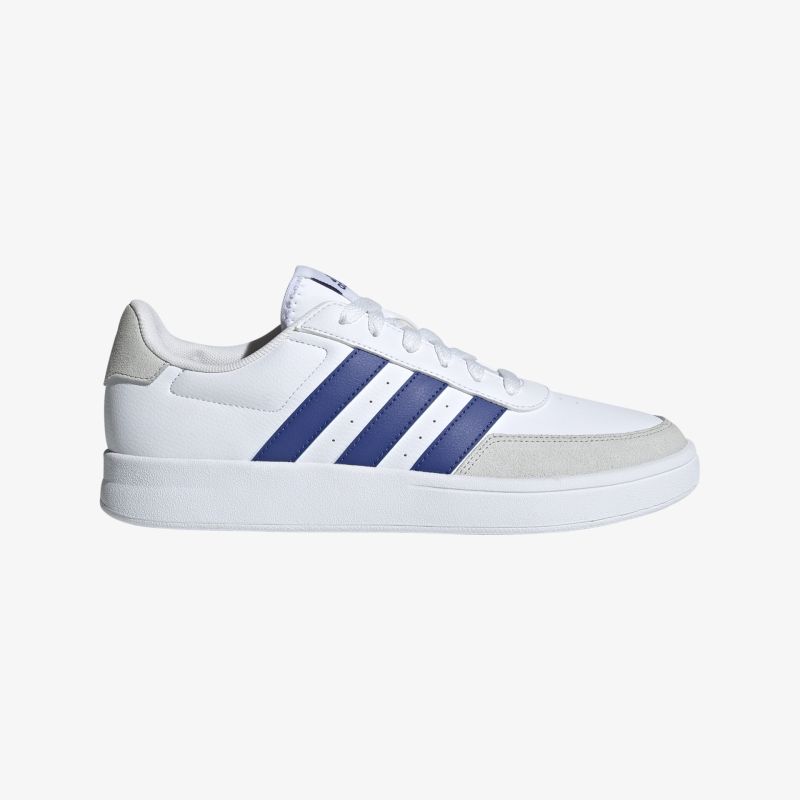 Weißer Sneaker mit blauen Streifen, sportlicher Look, komfortabel, strapazierfähig, seitliche Ansicht