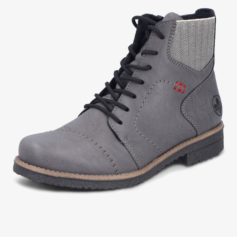 Grau gefärbter Schnürstiefel mit dekorativer Naht und gepolstertem Schaft für sicheren Halt