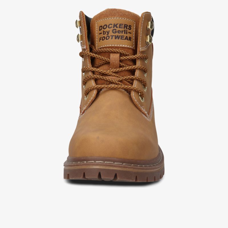 Robuster brauner Schnürstiefel frontal, klassisch und bequem mit langlebiger Sohle