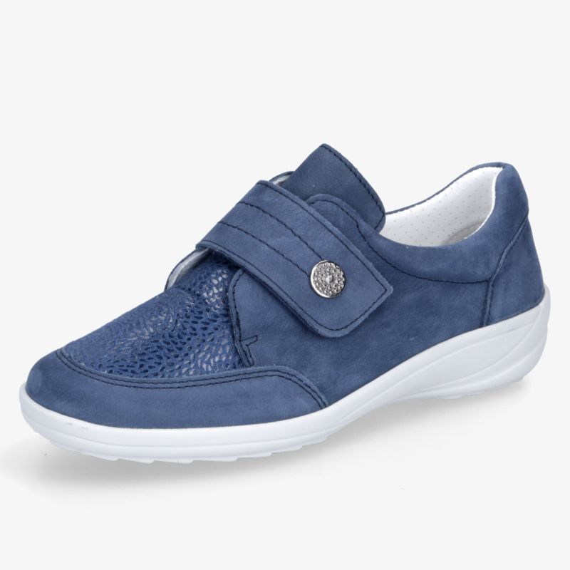 Komfortabler blauer Sneaker mit praktischer Klettverschlusslasche und rutschfester weißer Sohle