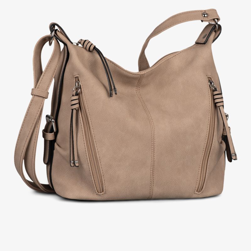 Beige Schultertasche aus weichem Material mit mehreren Reißverschlüssen und modernem Design