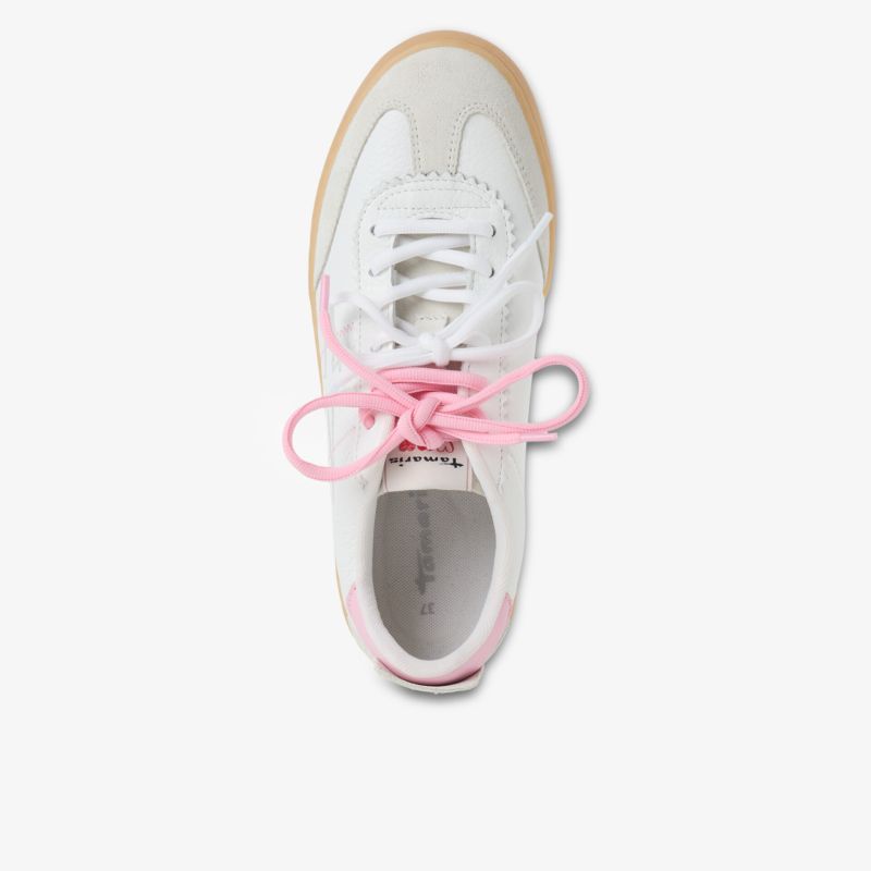 Weißer Sneaker mit rosafarbenen Schnürsenkeln, sportlich und bequem, ideal für vielseitige Outfits