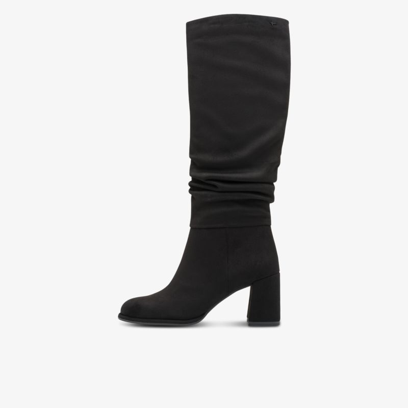 Moderner schwarzer Stiefel mit hohem Absatz und weichem Obermaterial, stilvoll und bequem