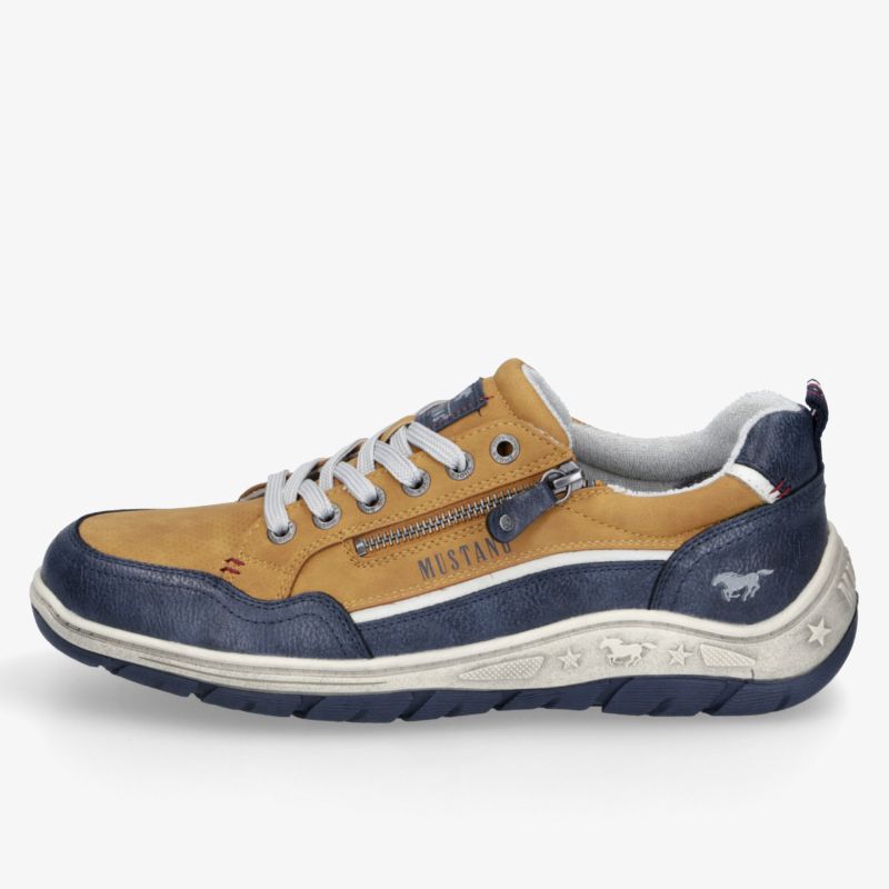 Moderner sportlicher Freizeitschuh in Blau und Cognac mit praktischer Schnürung und Reißverschluss seitlich