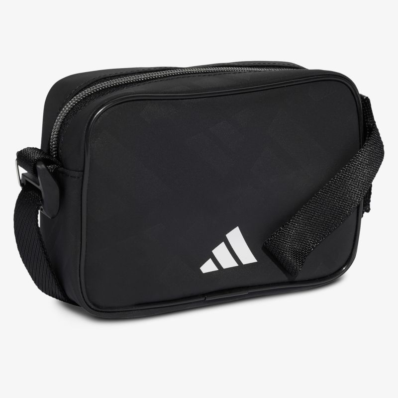 Schwarze kompakte Schultertasche mit verstellbarem Gurt und sportlichem, robustem Design, ideal für den Alltag