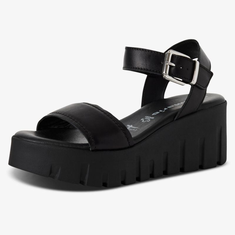 Schwarze Plateau-Sandale mit verstellbarer Schnallenlasche und dickem Absatz für bequemen Halt und modischen Look