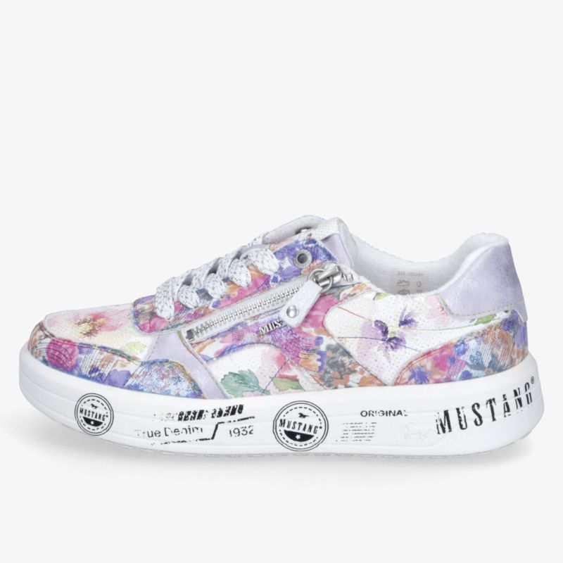 Seitlich abgebildeter bunter Sneaker mit floralen Mustern und praktischem seitlichem Reißverschluss