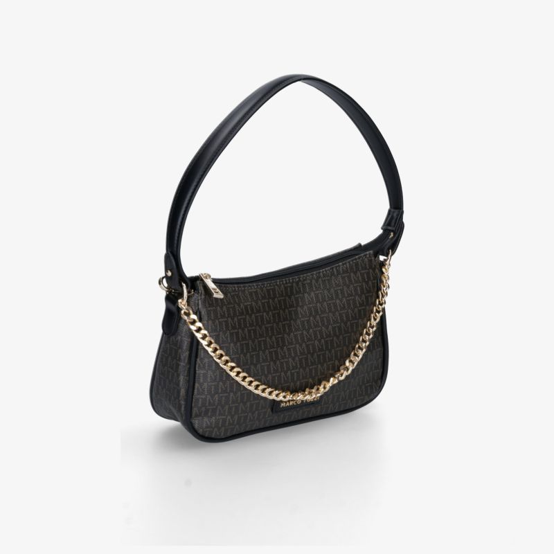 Elegante schwarze Handtasche mit goldfarbener Kette, kompakter und modischer Alltagsbegleiter
