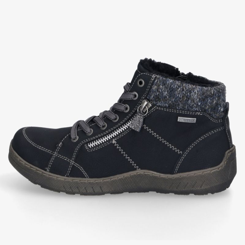 Dunkler knöchelhoher Schnürschuh mit weichem Futter, markanten Nähten, Reißverschluss und profilierter Laufsohle