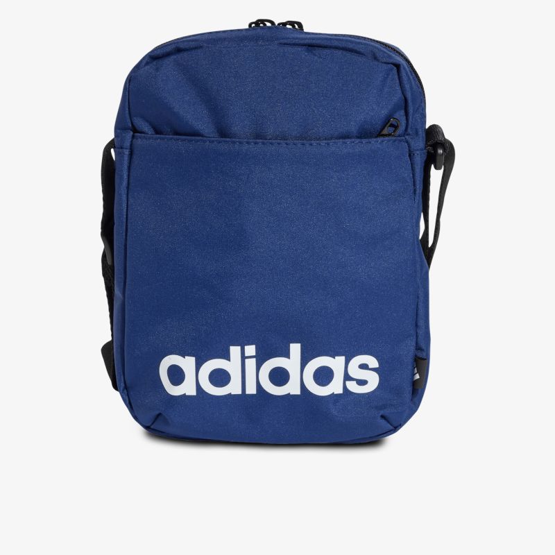 Kompakte blaue Adidas Tasche mit verstellbarem Schulterriemen und auffälligem Logo, ideal für Alltag und Freizeit
