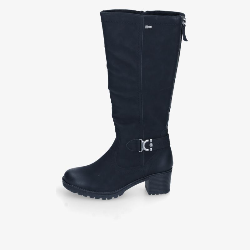 Hoher schwarzer Stiefel mit seitlichem Reißverschluss und stabilem Blockabsatz, modisch und bequem