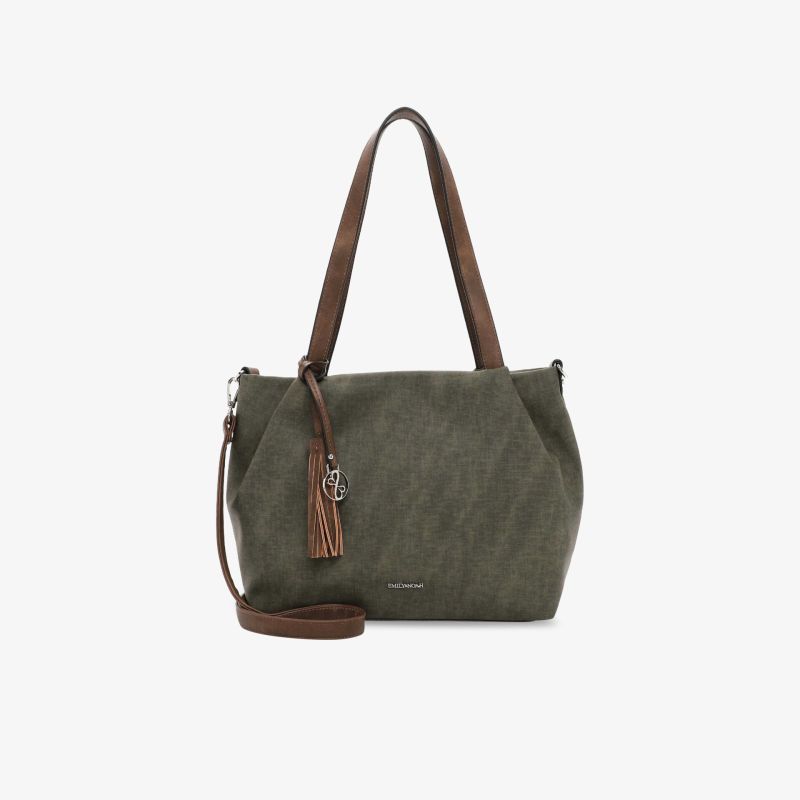 Olivgrüne Handtasche mit Quaste und Reißverschluss, geräumig und robust, praktische Schultertasche