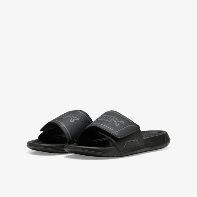 Bequeme schwarze Slider mit verstellbarem Riemen und ergonomischer Passform, ideal für Alltag und Freizeit