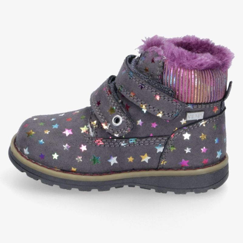 Robuster Kinderstiefel mit bunten Sternmustern, warmem Innenfutter und praktischem Klettverschluss für sicheren Halt