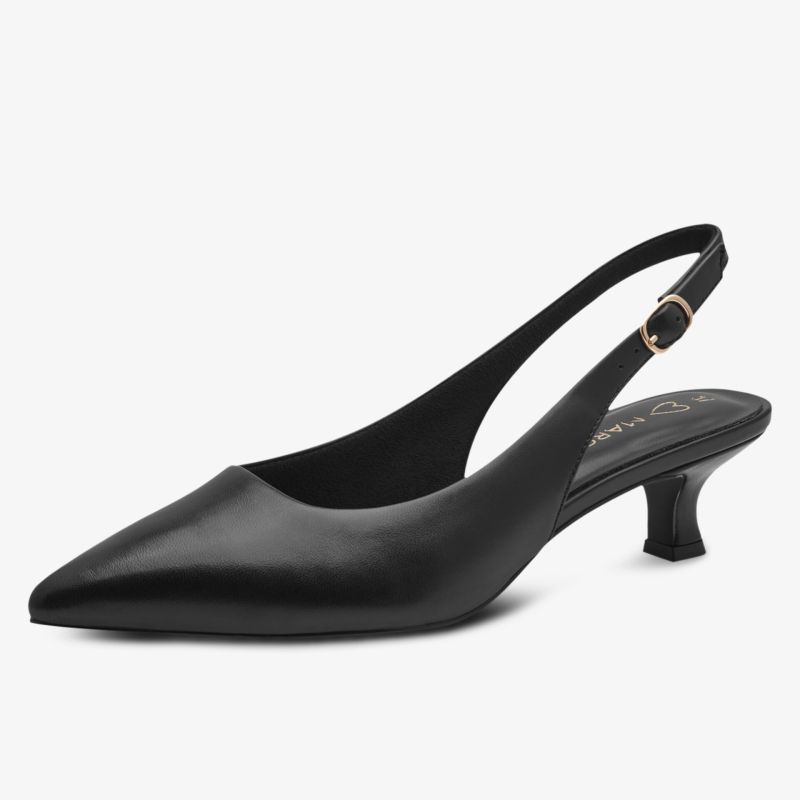 Eleganter schwarzer Slingback-Pumps mit spitzem Zehenbereich und mittelhohem Absatz aus glattem Leder