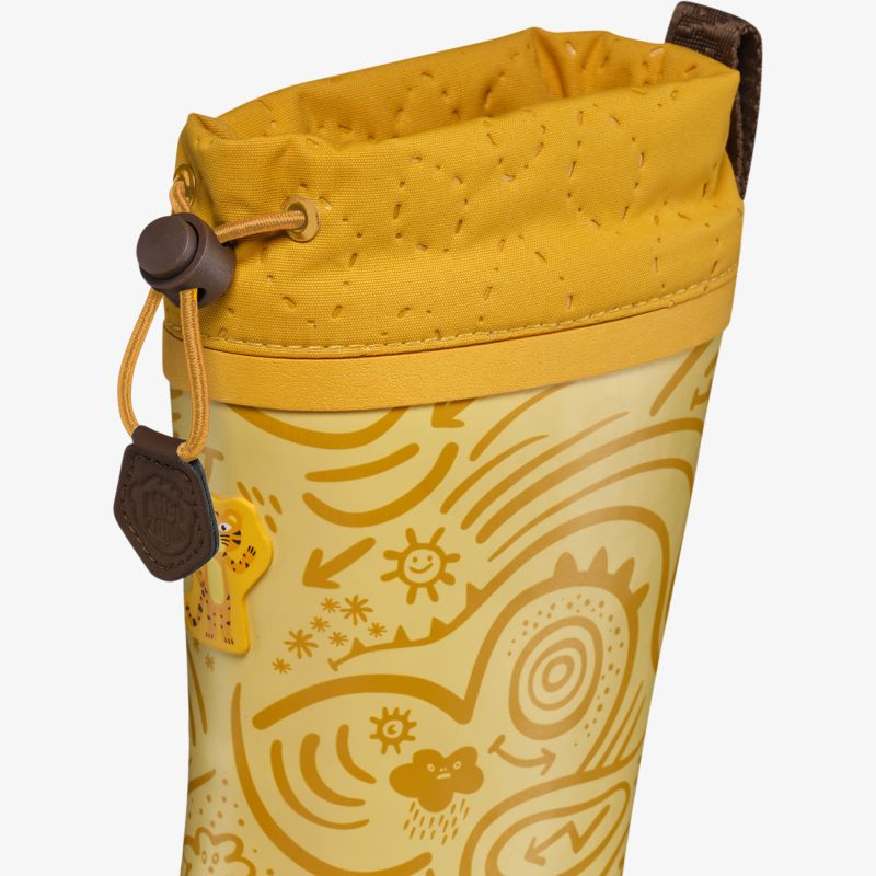 gelber wasserdichter Regenstiefel mit auffälligem Muster und hohem Schaft für bequemen Einstieg