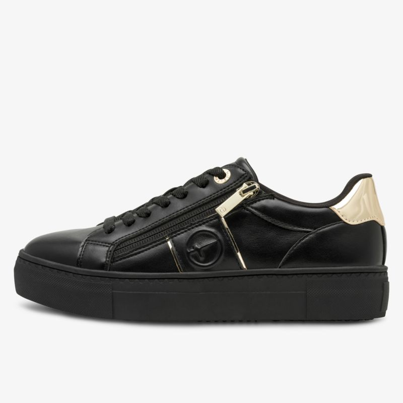 Schwarzer Sneaker mit beigem Fersenbesatz, seitliche Ansicht, moderne und vielseitig kombinierbare Sportschuh