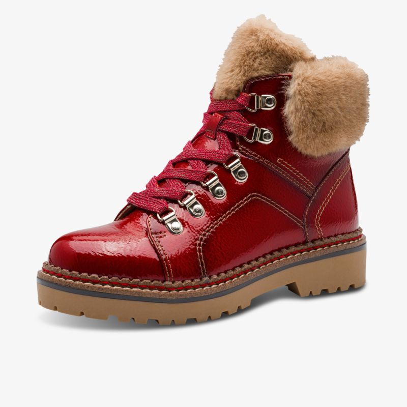 Schlanker roter Winterstiefel mit warmem Fellbesatz, robuster Schnürung und rutschfester Sohle für bequemen Halt