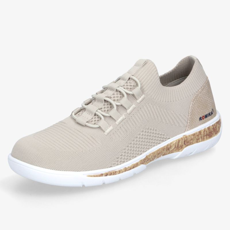 Beiger leichter Sneaker mit atmungsaktivem Material und flexibler weißer Sohle für hohen Tragekomfort