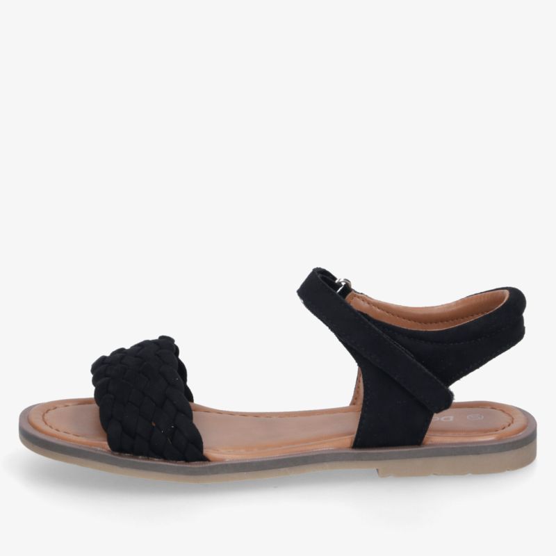 Komfortable schwarze Sandale mit gepolsterter Innensohle und verstellbarem Riemen, seitliche Ansicht