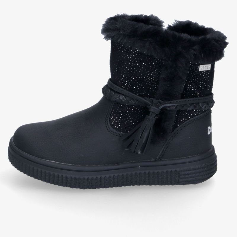 Schwarzer Winterstiefel mit weichem Innenfutter und dekorativen Quasten für komfortablen Halt