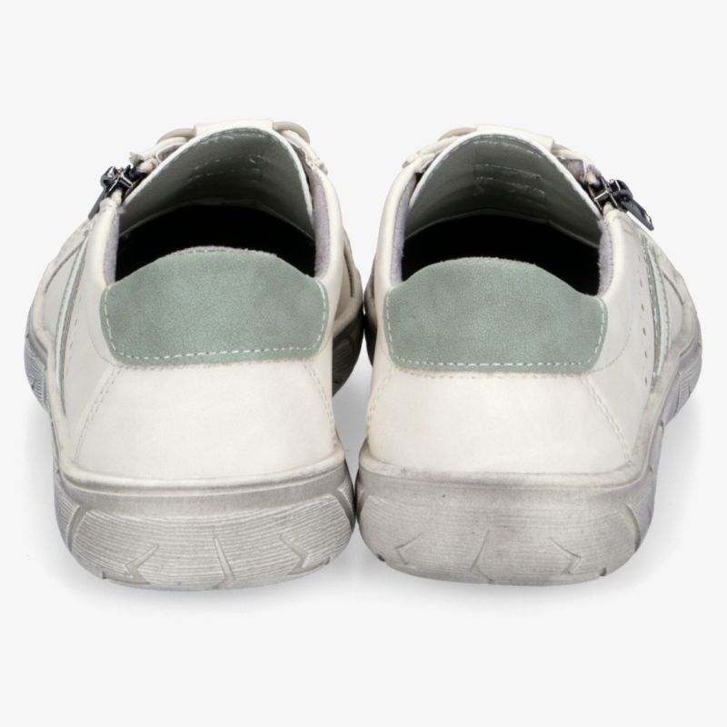 Rückansicht von weißen Sneakern mit gepolstertem Fersenbereich und robustem Sohlenprofil