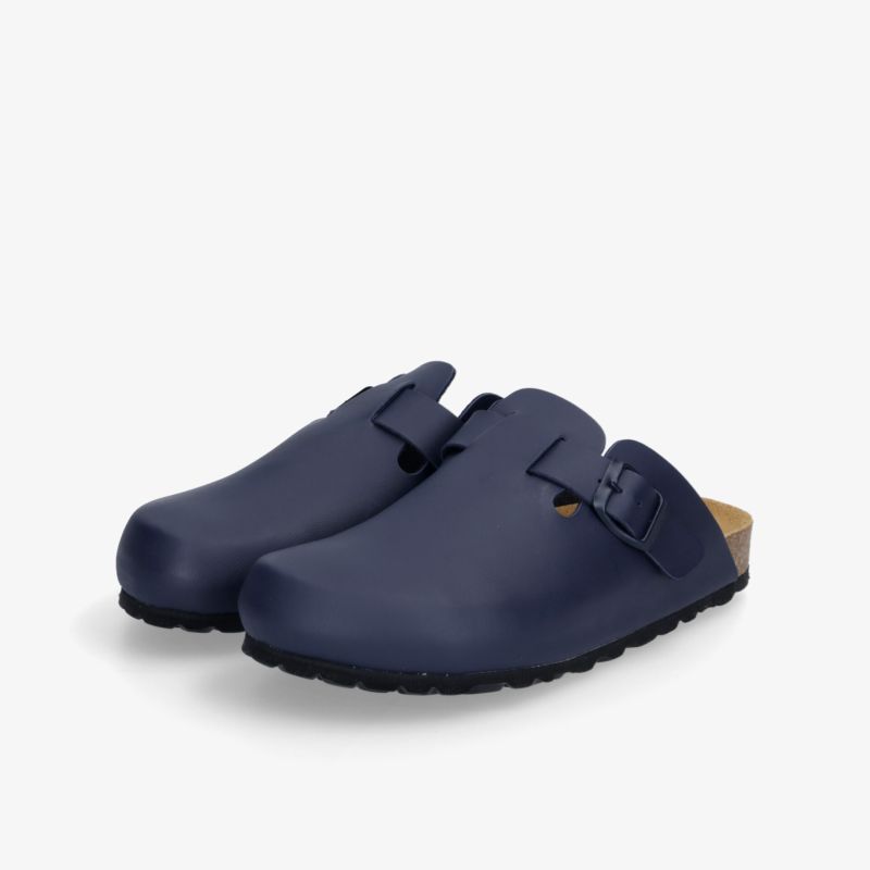 Ergonomische Clogs in Dunkelblau mit verstellbarer Schnalle und rutschfester Sohle für optimalen Komfort.