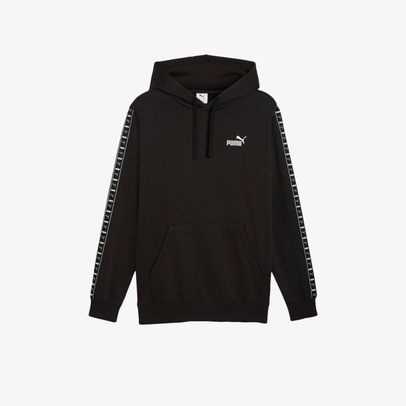 Schwarzes Kapuzensweatshirt mit Kängurutasche und bedruckten Ärmeln, sportlich und bequem