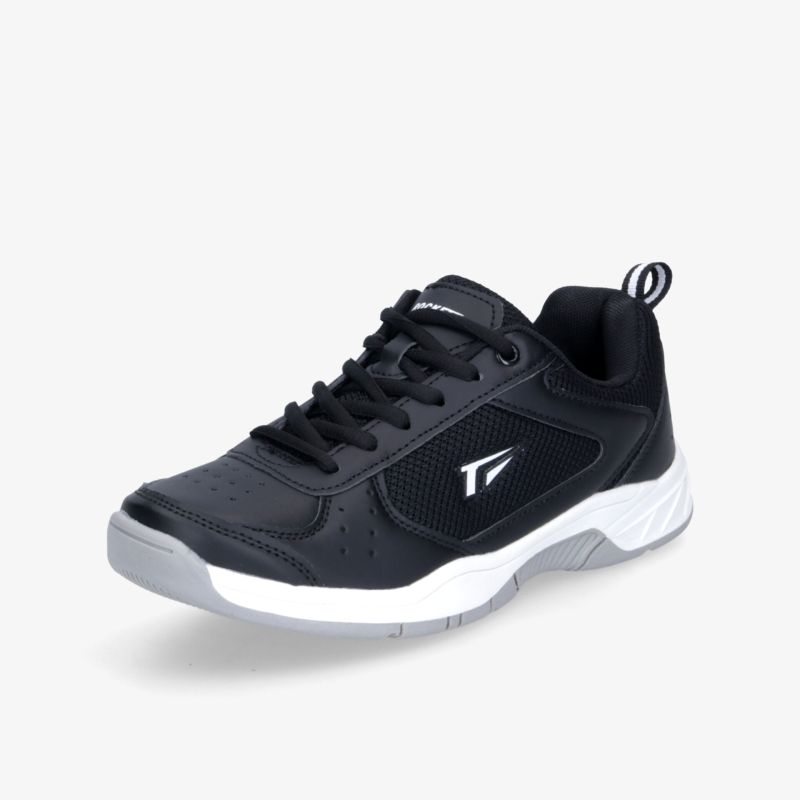 Schwarzer Sportschuh mit weißer Sohle, robust und leicht, atmungsaktiv, rutschfest und bequem