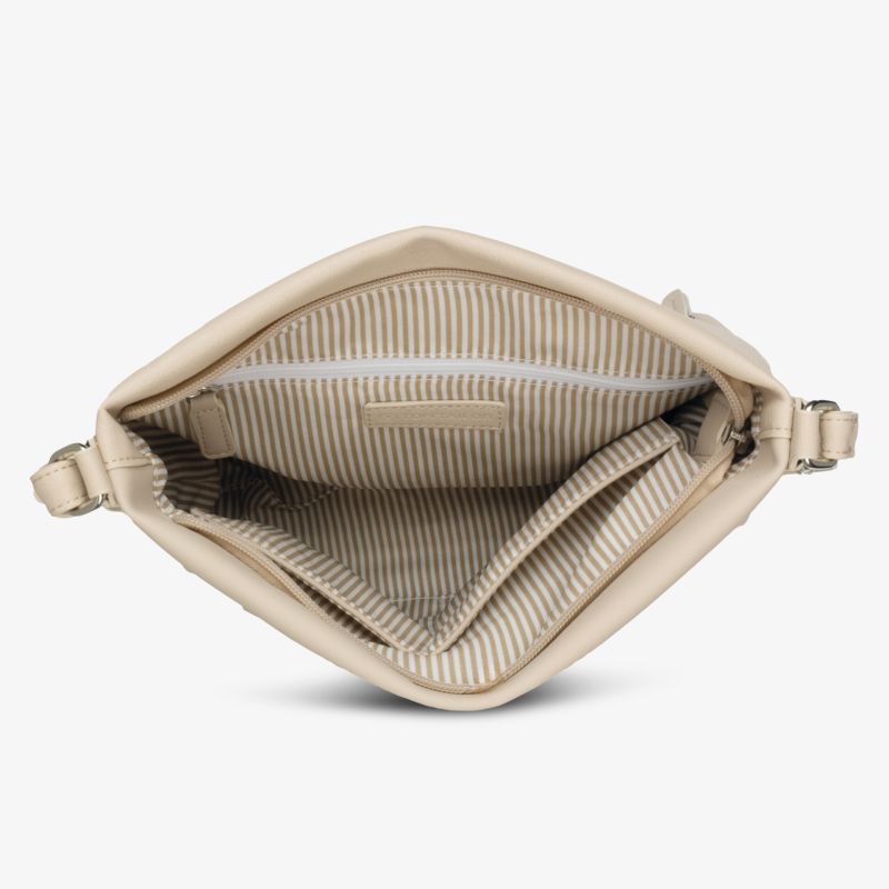 Beige Tasche mit gut strukturiertem Innenfach, Reißverschluss und gestreiftem Futter für optimale Organisation