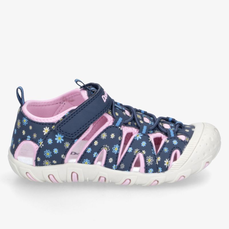 leichter Kinderschuh mit atmungsaktivem Material, rutschfester Sohle und verstellbarem Klettverschluss in floralem Design