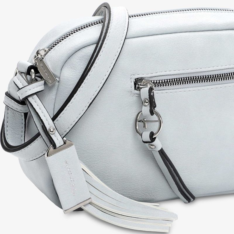 Weiße runde Tasche aus Lederimitat mit verstellbarem Riemen, Reißverschluss und dekorativer Quaste