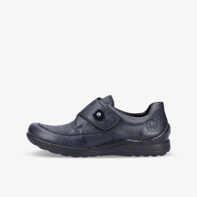 Bequemer dunkler Schuh mit seitlicher Ansicht, rutschfeste Sohle und verstellbarem Klettverschluss