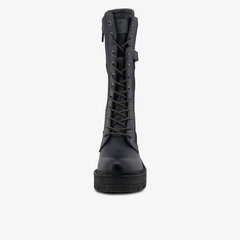 Robuster schwarzer Schnürstiefel mit hohem Schaft und Blockabsatz, elegant und bequem