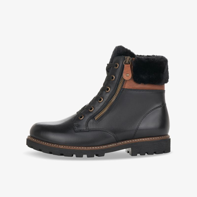 Elegante schwarze Stiefelette aus Leder mit warmem Futter und praktischem Reißverschluss.