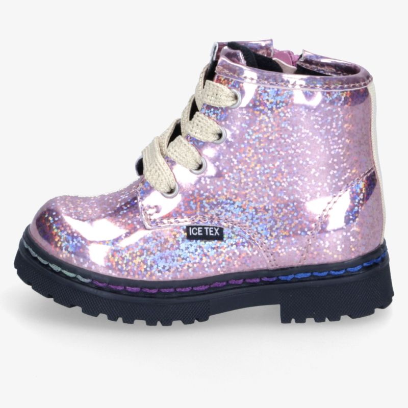 Robuster Kinderstiefel in rosa mit Glitzereffekt, rutschfester Sohle und bequemem Schnitt für sicheren Halt