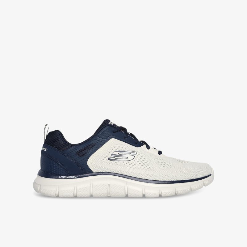 leichter und bequemer Schuh mit flexibler Sohle und einem atmungsaktiven weißen Obermaterial mit blauen Akzenten