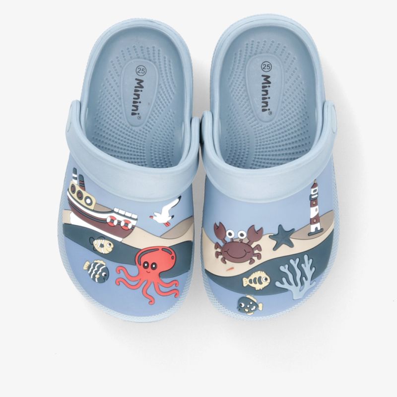 Blaue Clogs mit lustigem Meerestiere-Design, ideal für Innen- und Außenaktivitäten, bequem und leicht.