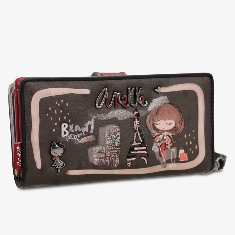 Schwarzes Portemonnaie mit modischem Aufdruck, Reißverschluss und weichem Material in praktischer Größe